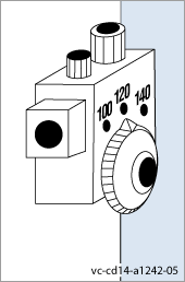 Illustration of a water thermostat with the dial set at 120 degrees Fahrenheit.